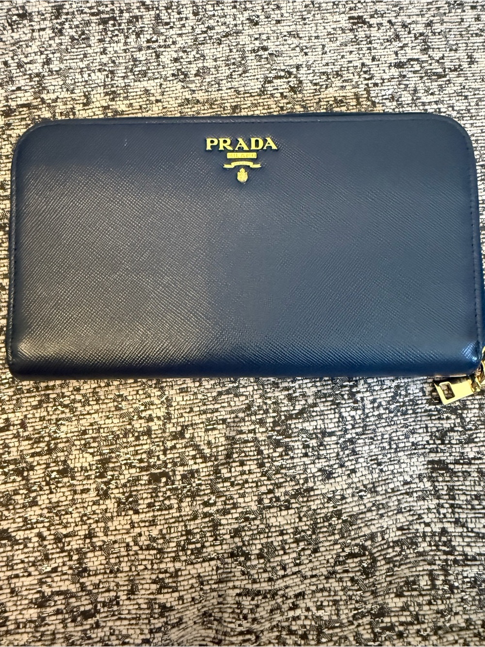 Prada Saffiano Zip-Around Wallet in Navy with Gold Hardware